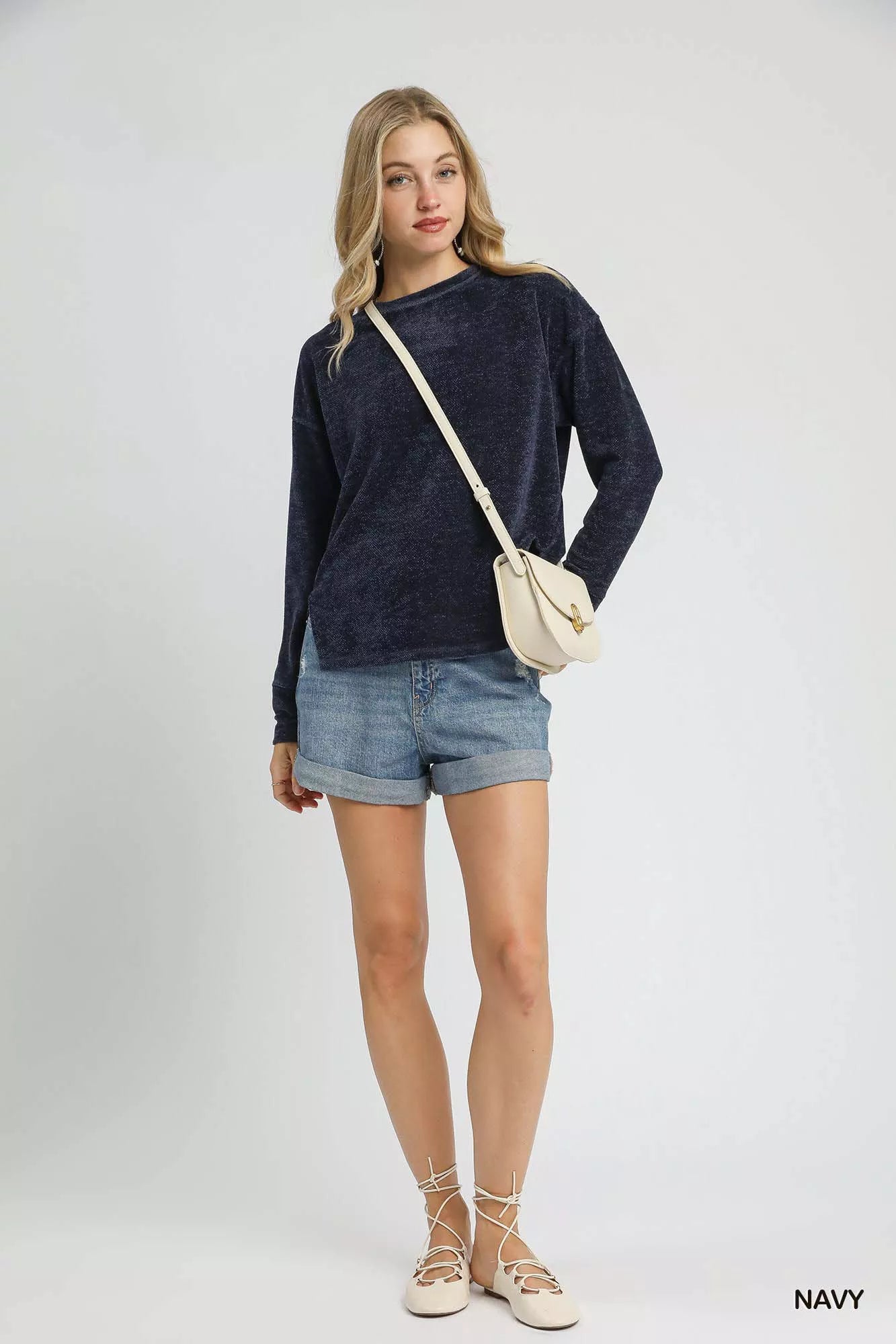 Round Neck Long Sleeve Side Slit Top