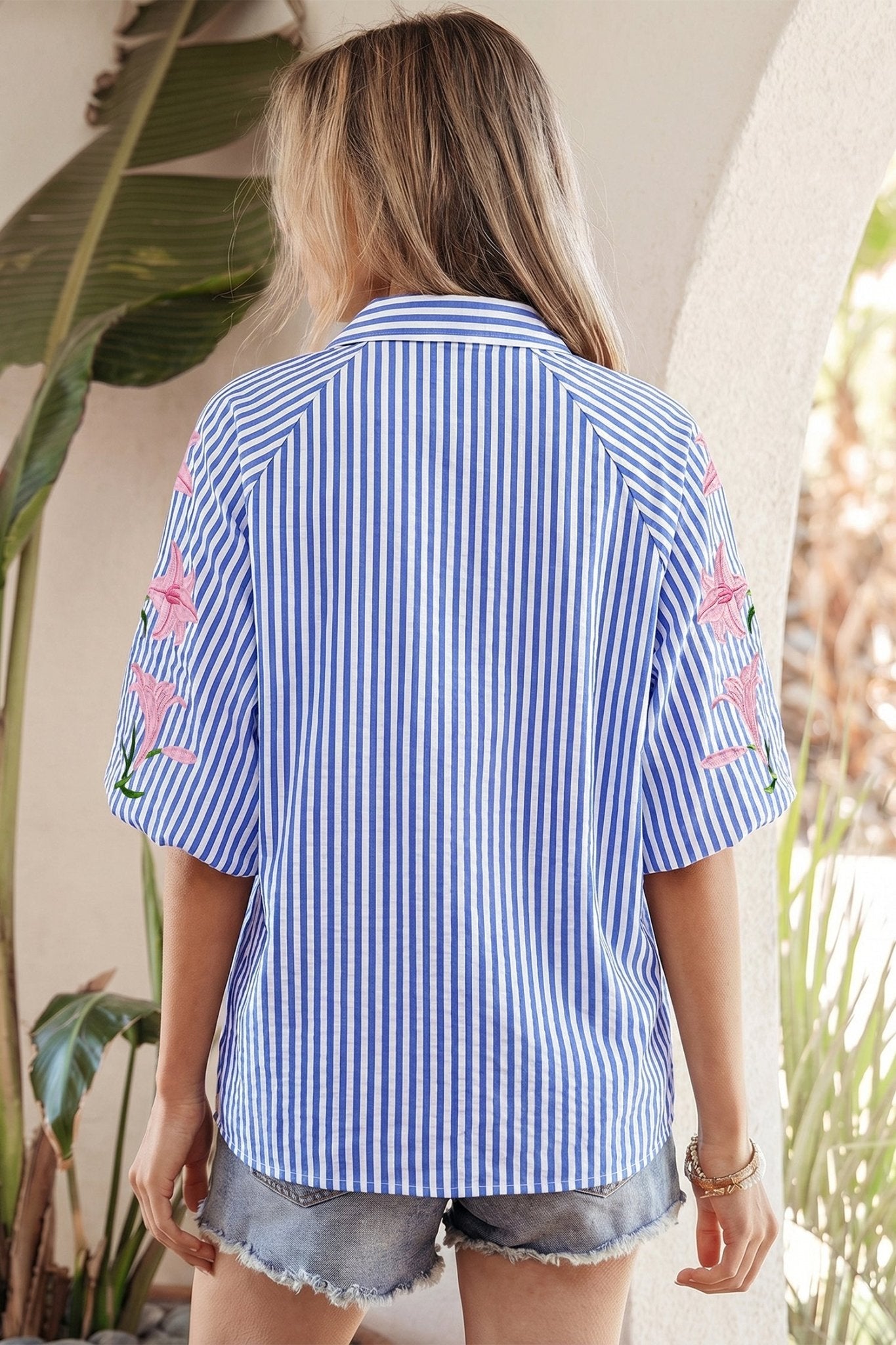 Sky Blue Stripe Lily Floral Embroidered Puff Sleeve Button Down Shirt - Loving It Shop