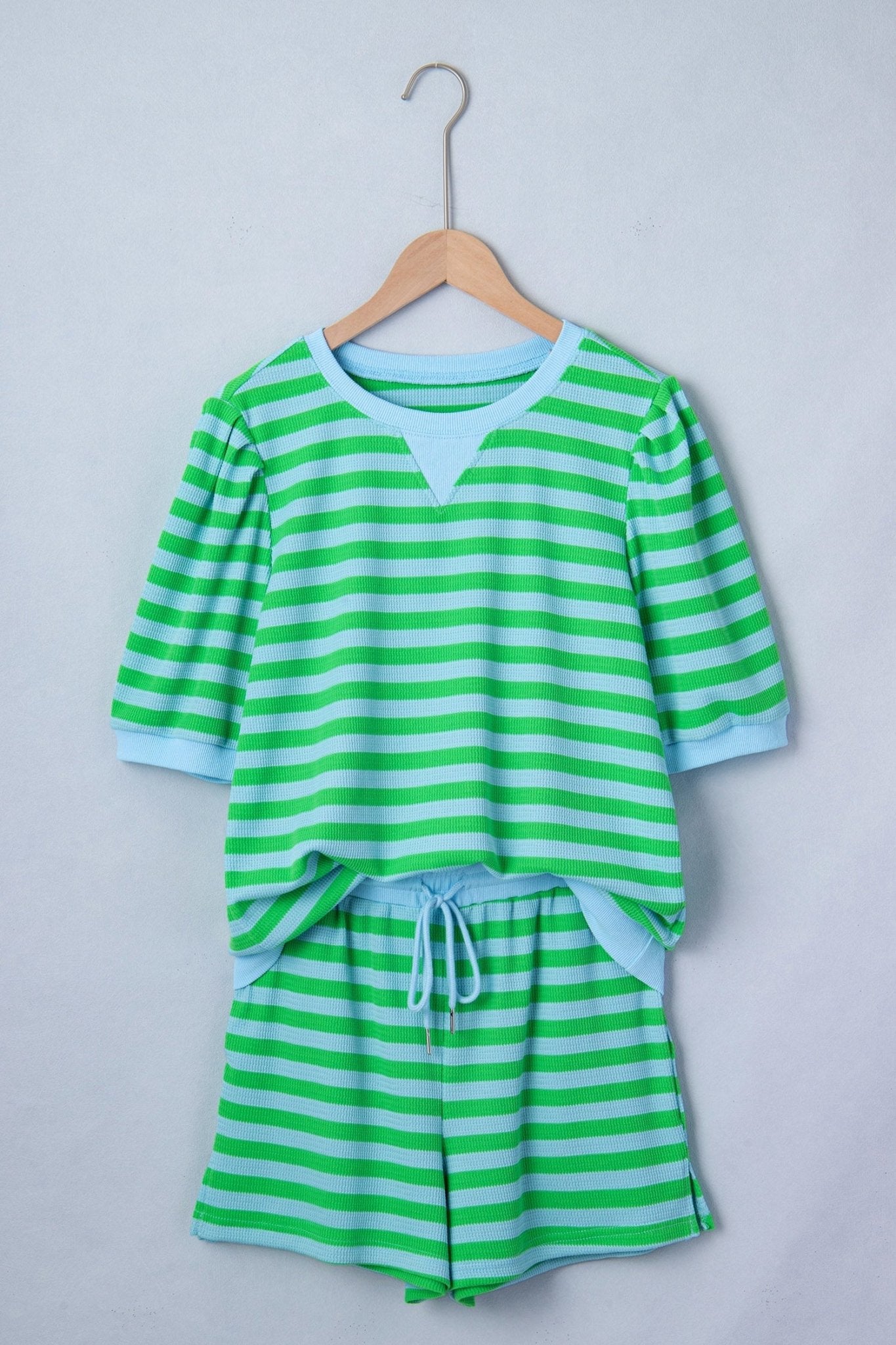 Green Stripe Puff Short Sleeve T Shirt Matching Shorts Set - Loving It Shop