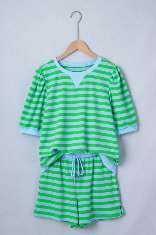 Green Stripe Puff Short Sleeve T Shirt Matching Shorts Set - Loving It Shop