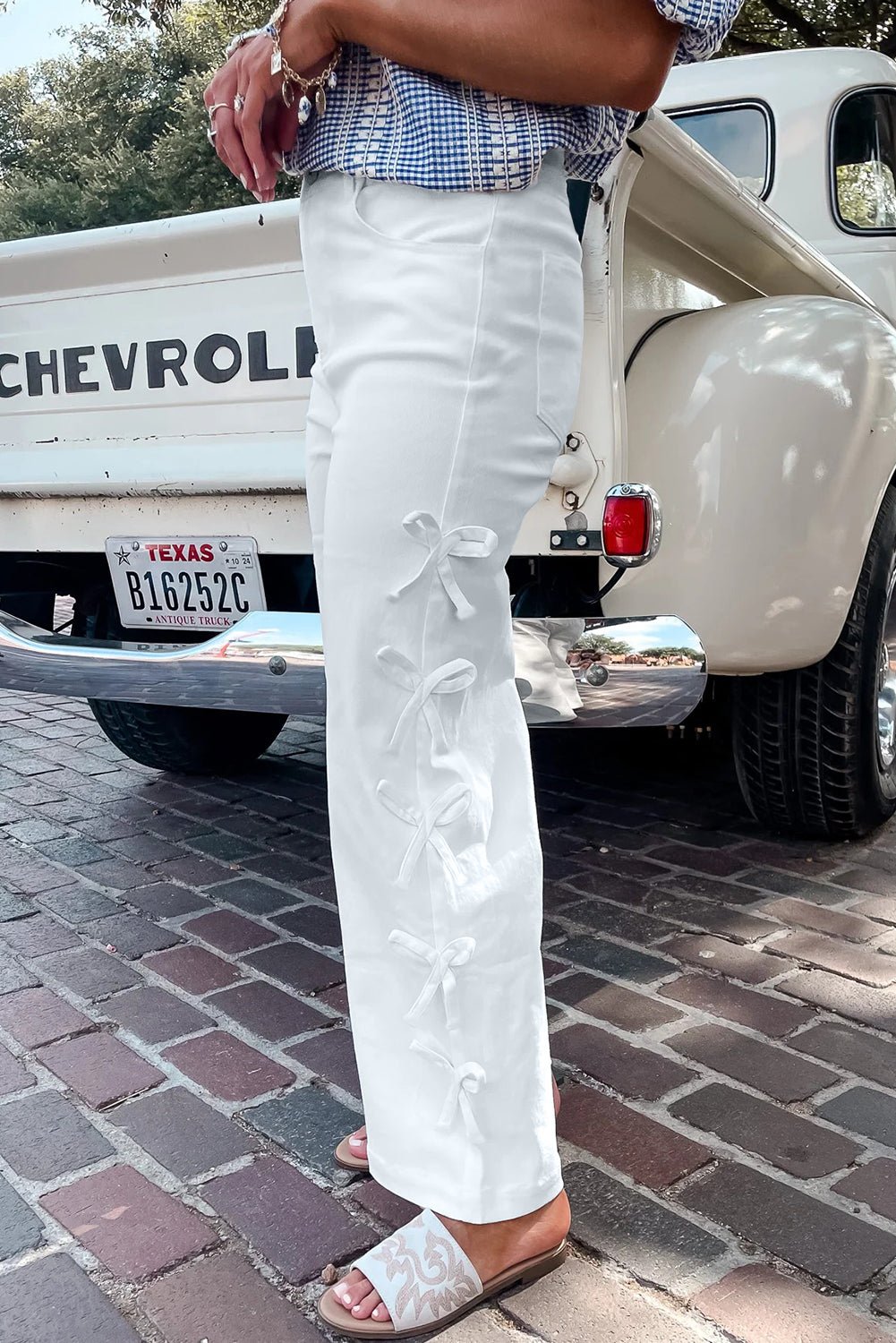 White Bow Knot Side Detail Straight Leg Loose Jeans - Loving It Shop