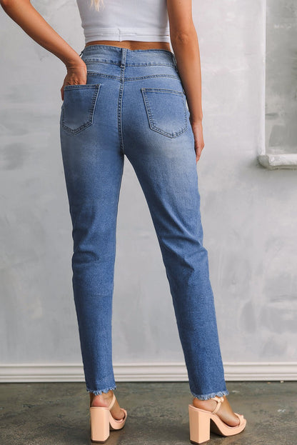 Sky Blue Double Button Raw Hem Slim Fit Jeans - Loving It Shop