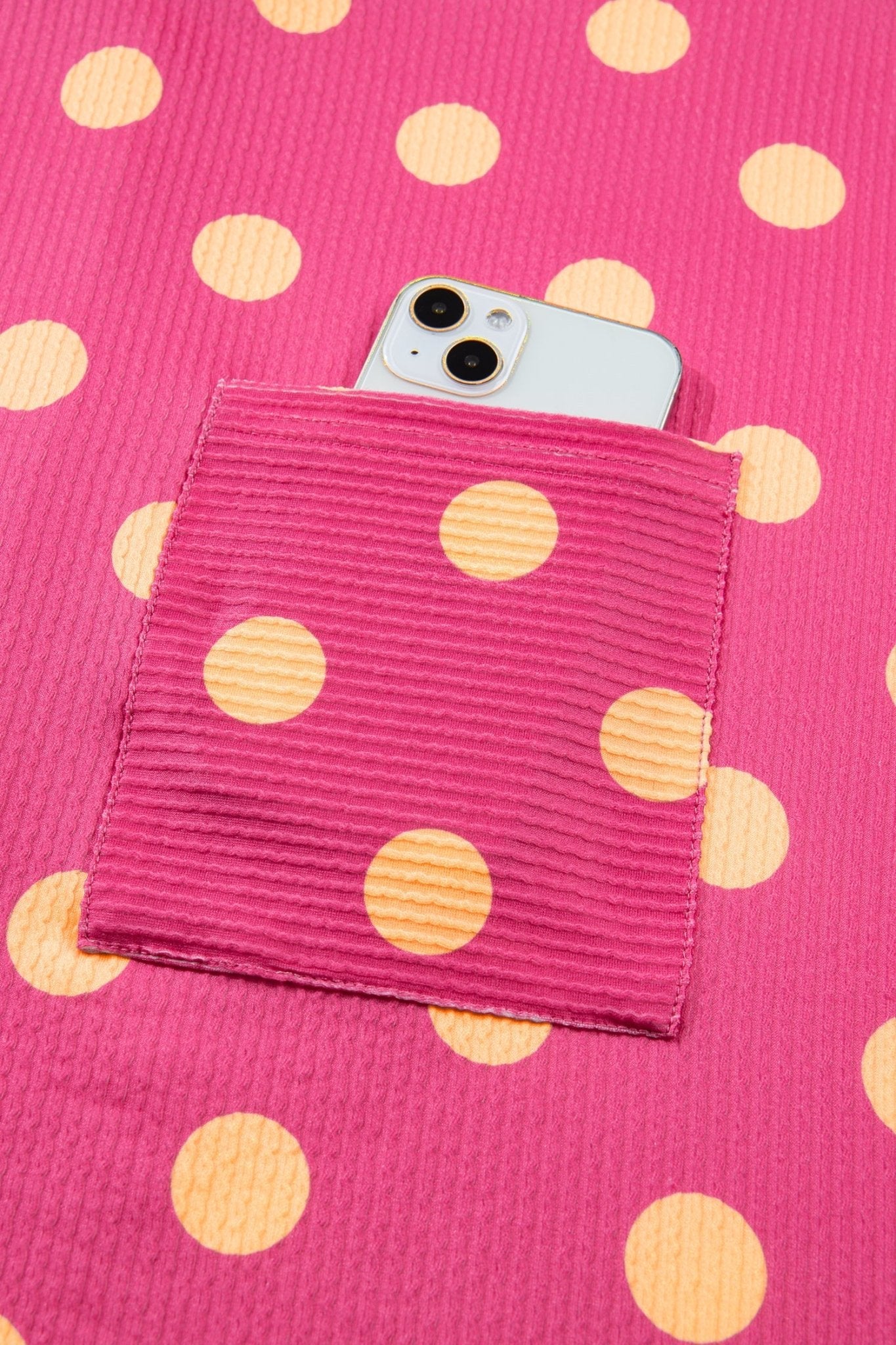 Pink Polka Dot Round Neck Drop Shoulder Patch Pocket Jacquard Texture Top - Loving It Shop