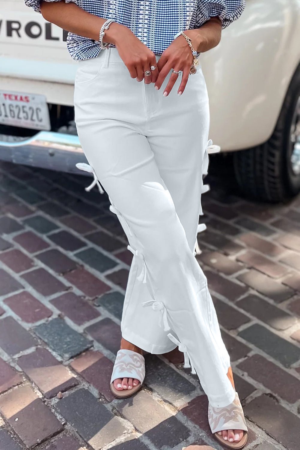 White Bow Knot Side Detail Straight Leg Loose Jeans - Loving It Shop