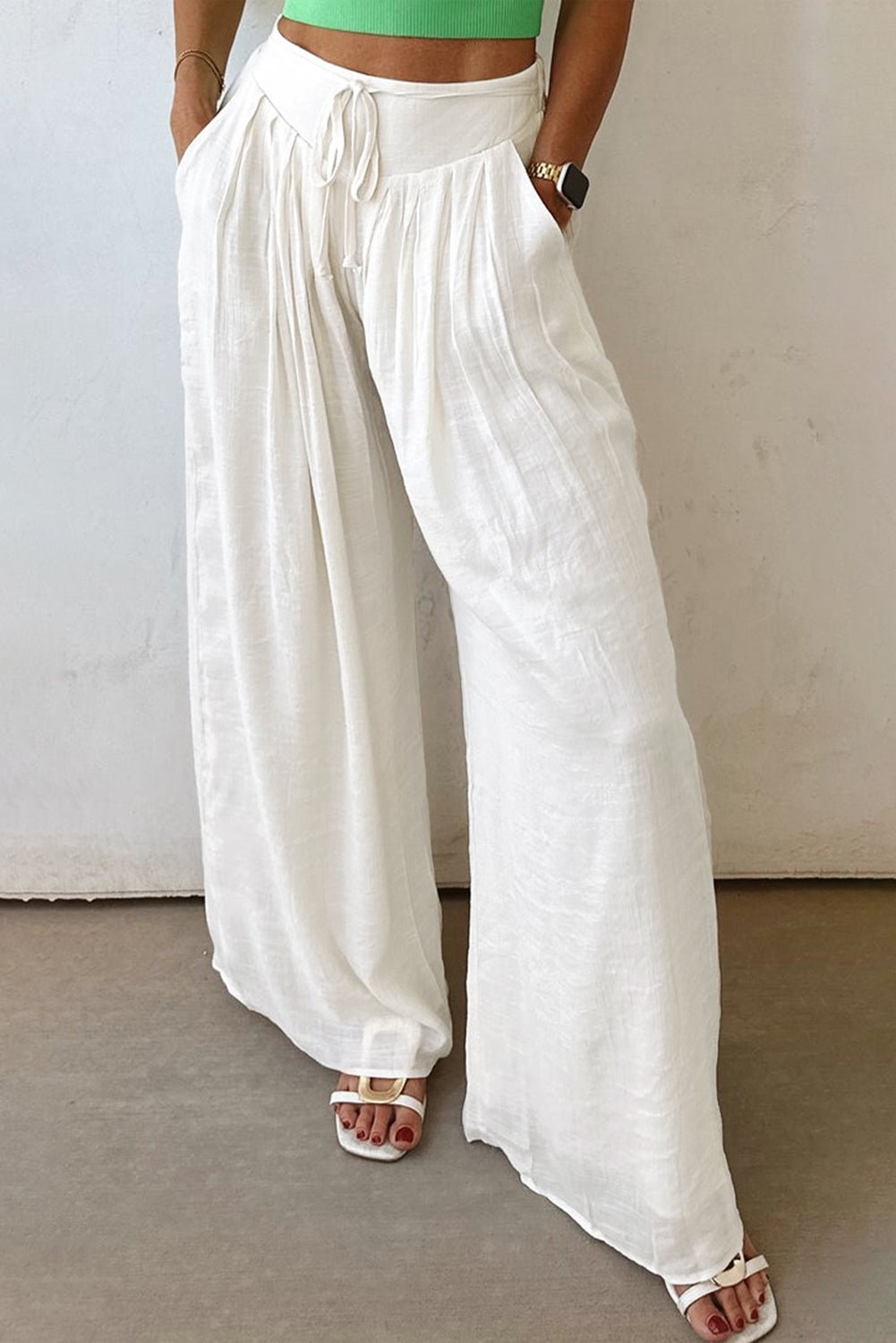 White Solid Drop Waist Pleated Wide Leg Casual Pants - Loving It Shop