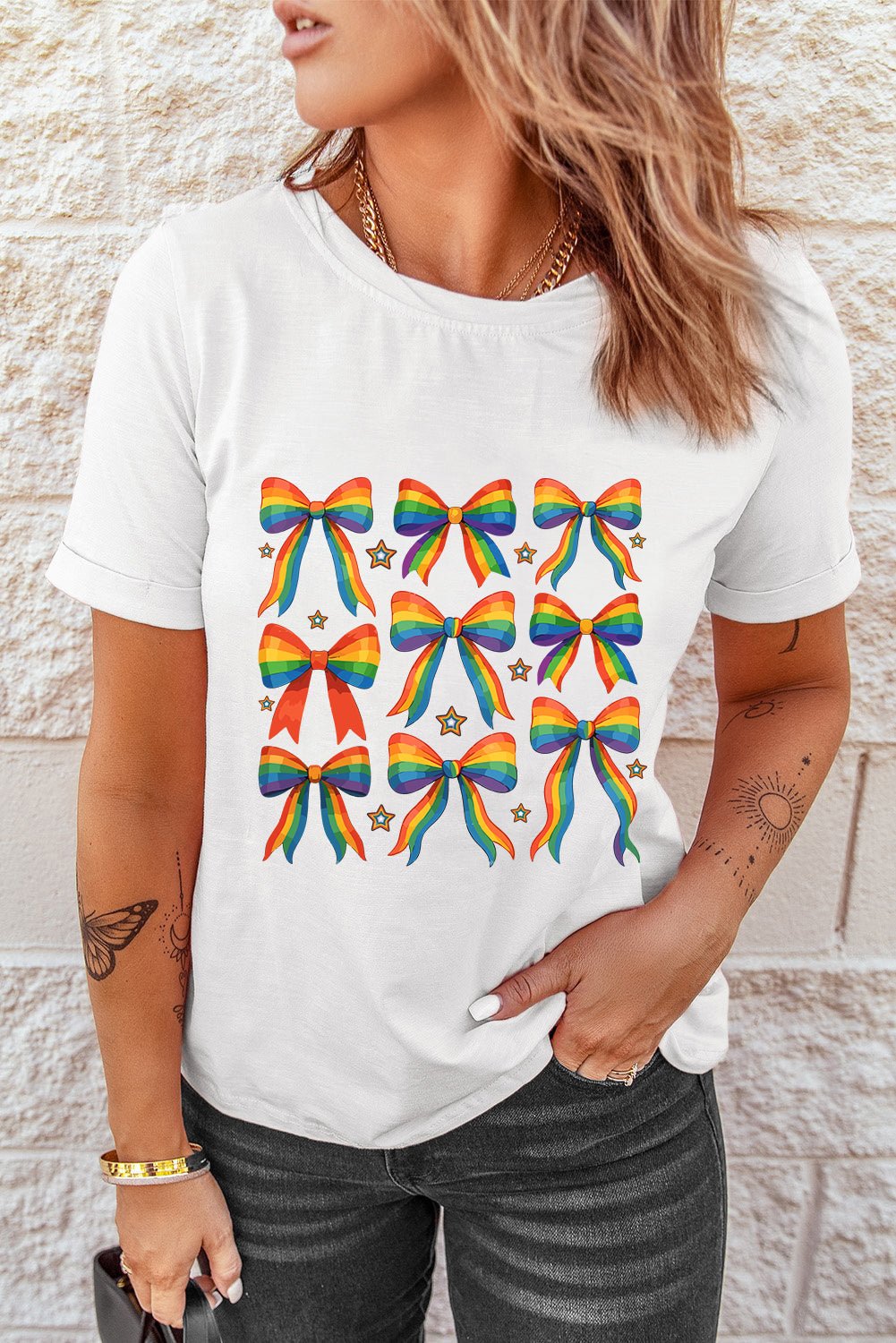 White Pride Bow Starry Print Cotton Blend T Shirt - Loving It Shop