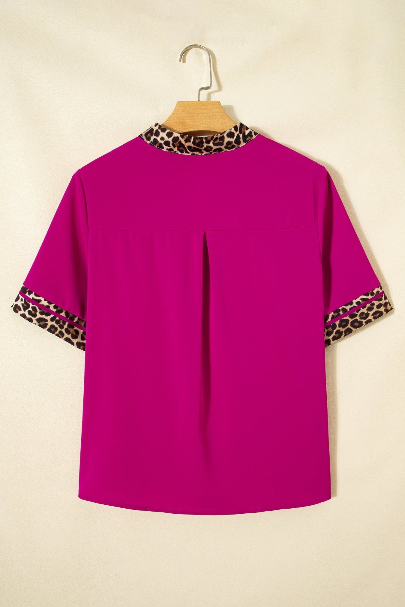 Violet Leopard Patchwork Trim Split Neck Short Sleeve Blouse - Loving It Shop