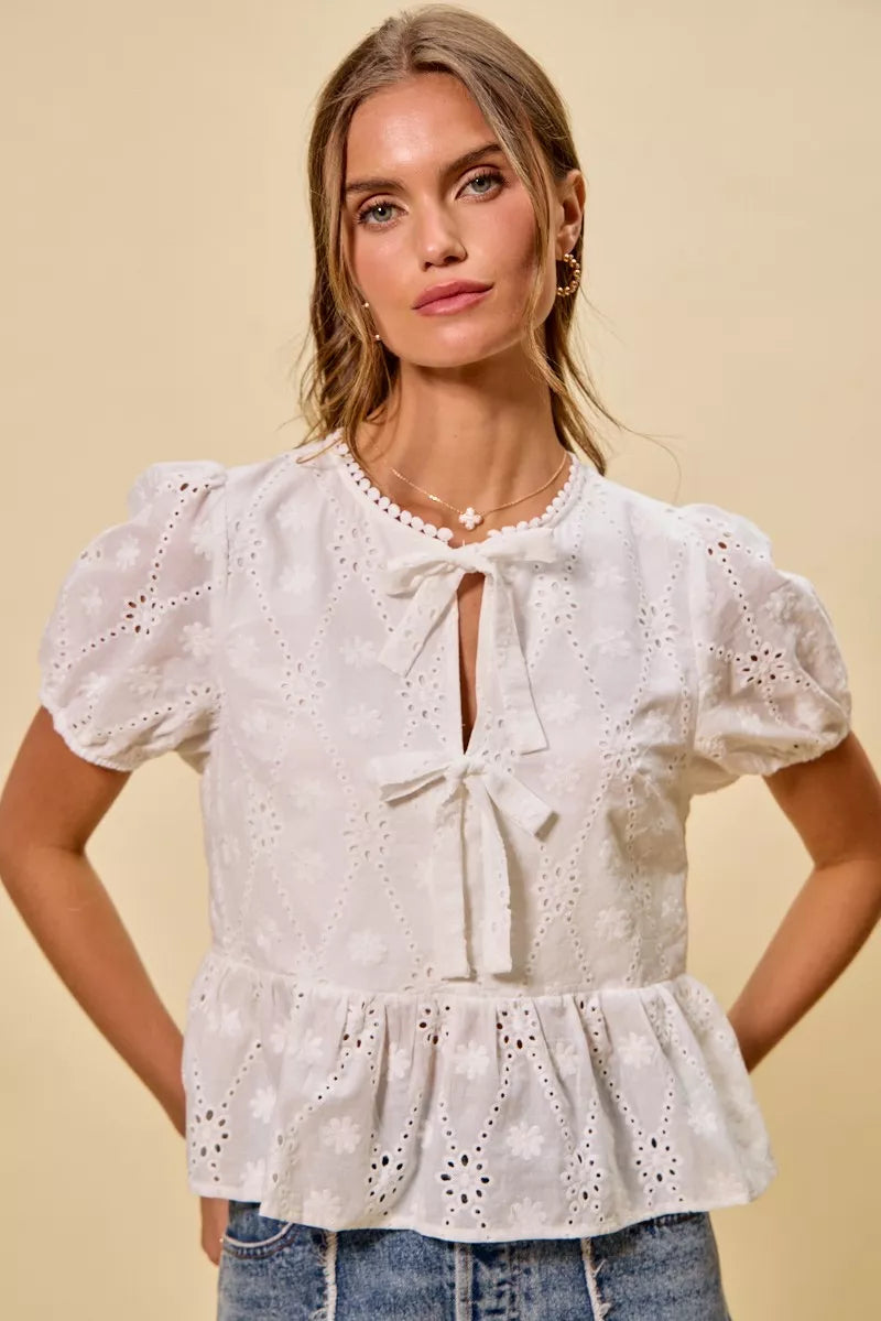 Cotton Eyelet Front Tie Short Sleeves Blouse