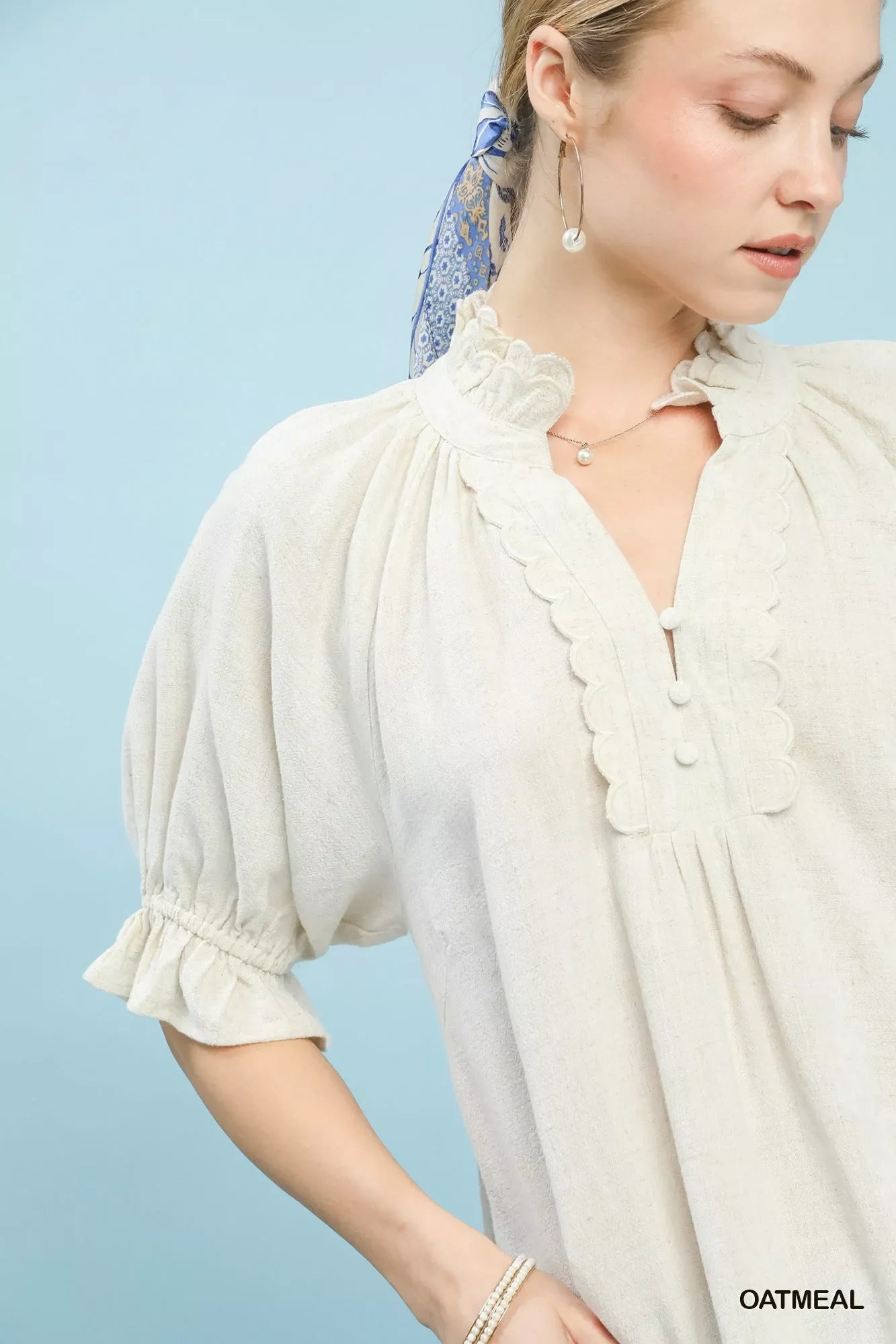 Linen Scalloped Ruffle Neck Blouse