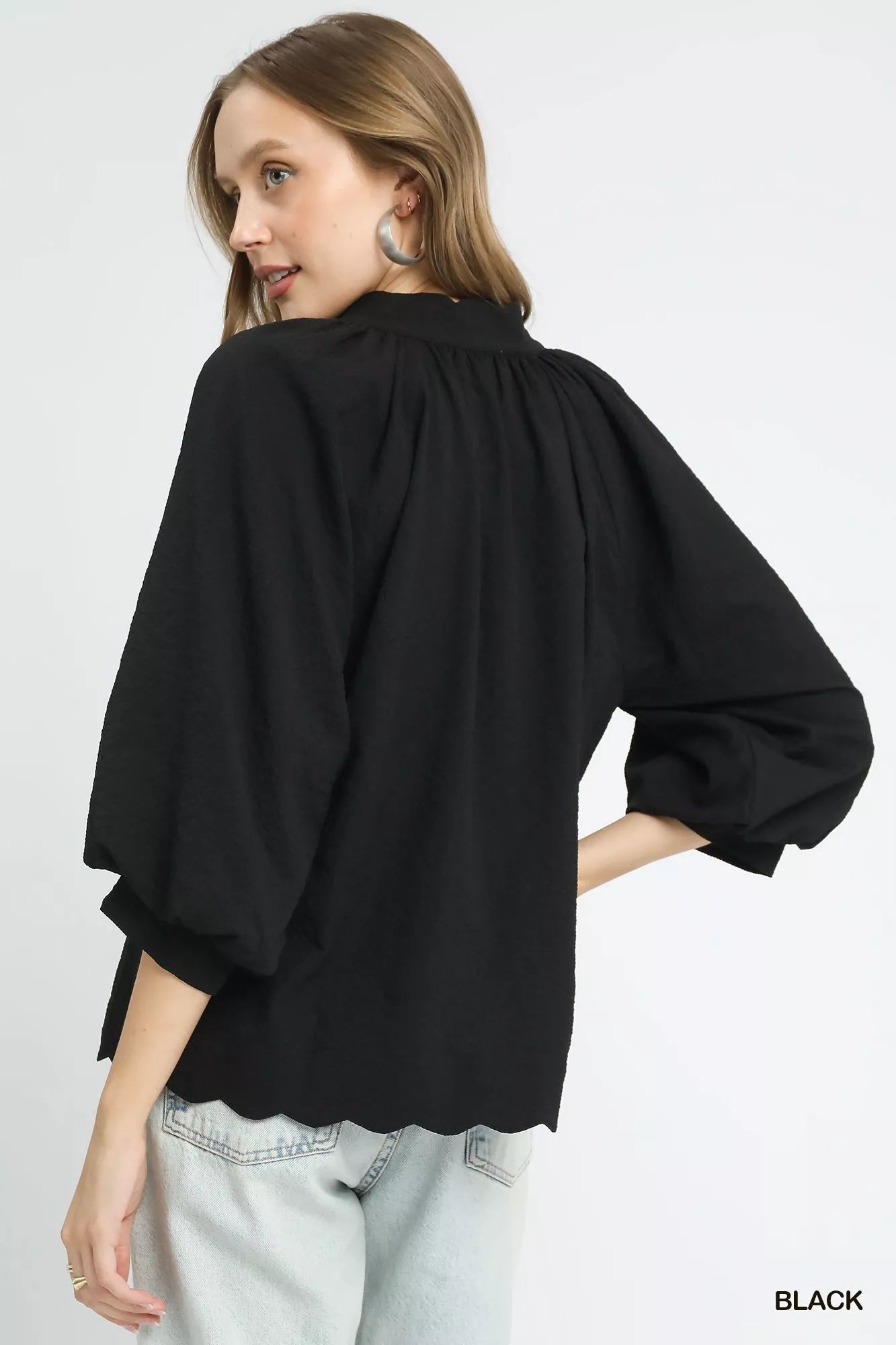 Full Size Textured Notched Balloon Sleeve Blouse Plus Size