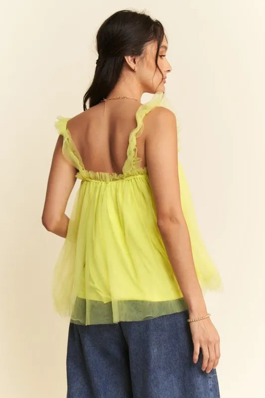 Davi &amp; Dani Shirred Ruffle Strap Tulle Babydoll Top