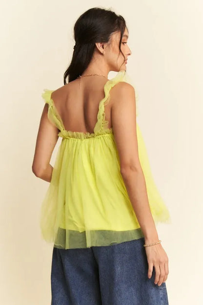 Davi &amp; Dani Shirred Ruffle Strap Tulle Babydoll Top