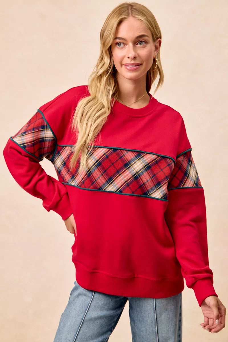 I am a Fashion Junky Christmas Theme Plaid Block Sweatshirt with Binding