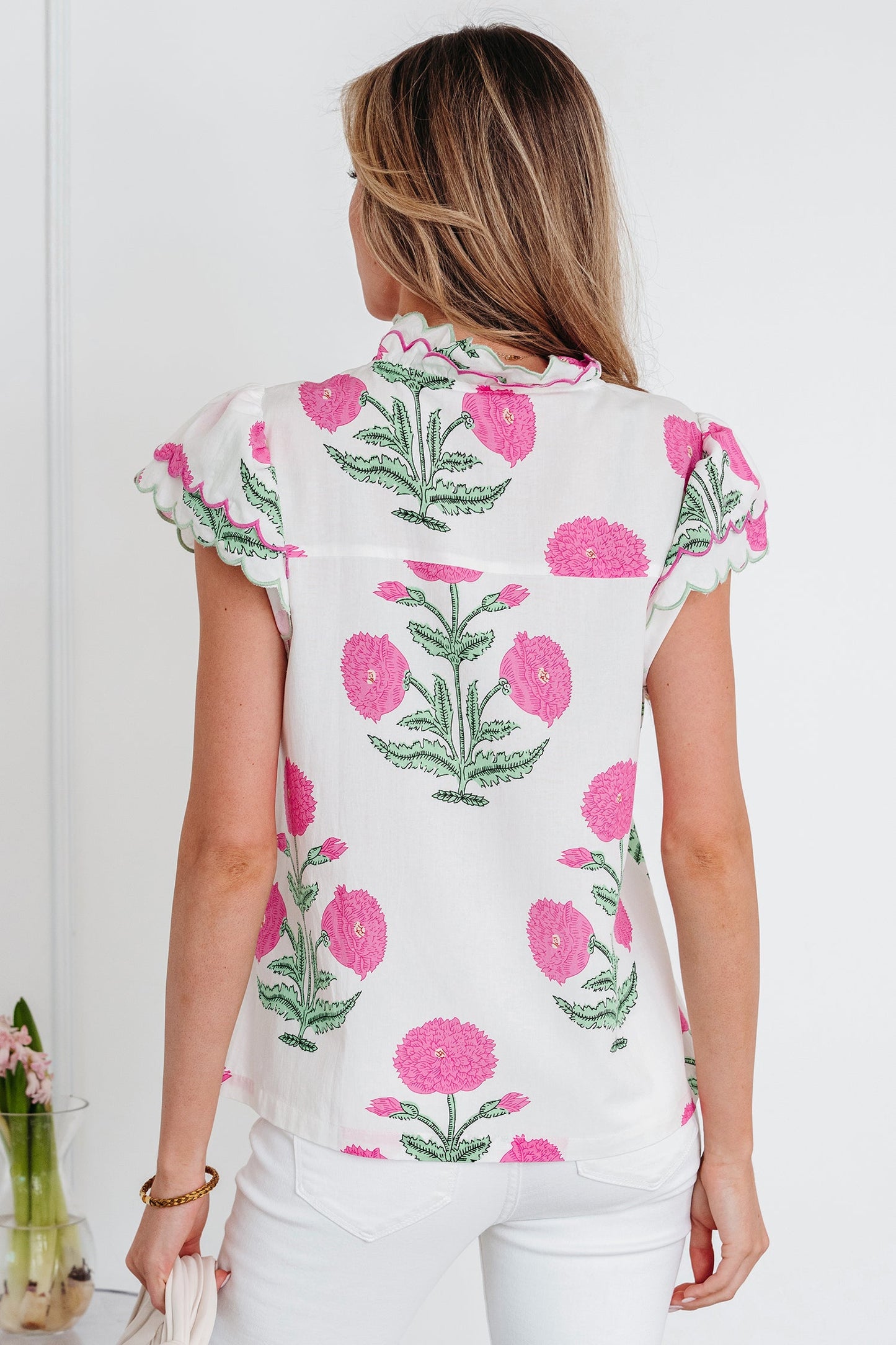 Pink Wild Flower Print Contrast Trim Scallop Detail Short Sleeve Blouse