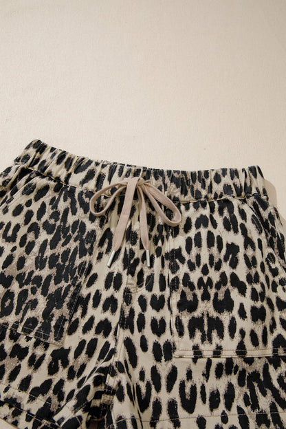 Brown Retro Leopard Print Lace - up Elastic Waistband Mid Rise Denim Shorts - Loving It Shop