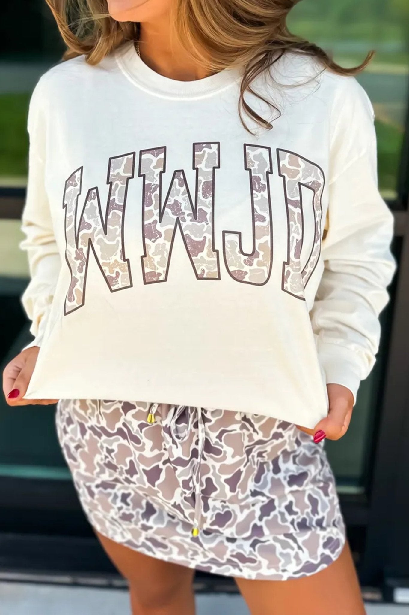 White WWJD Camo Letter Printed Long Sleeve Top - Loving It Shop
