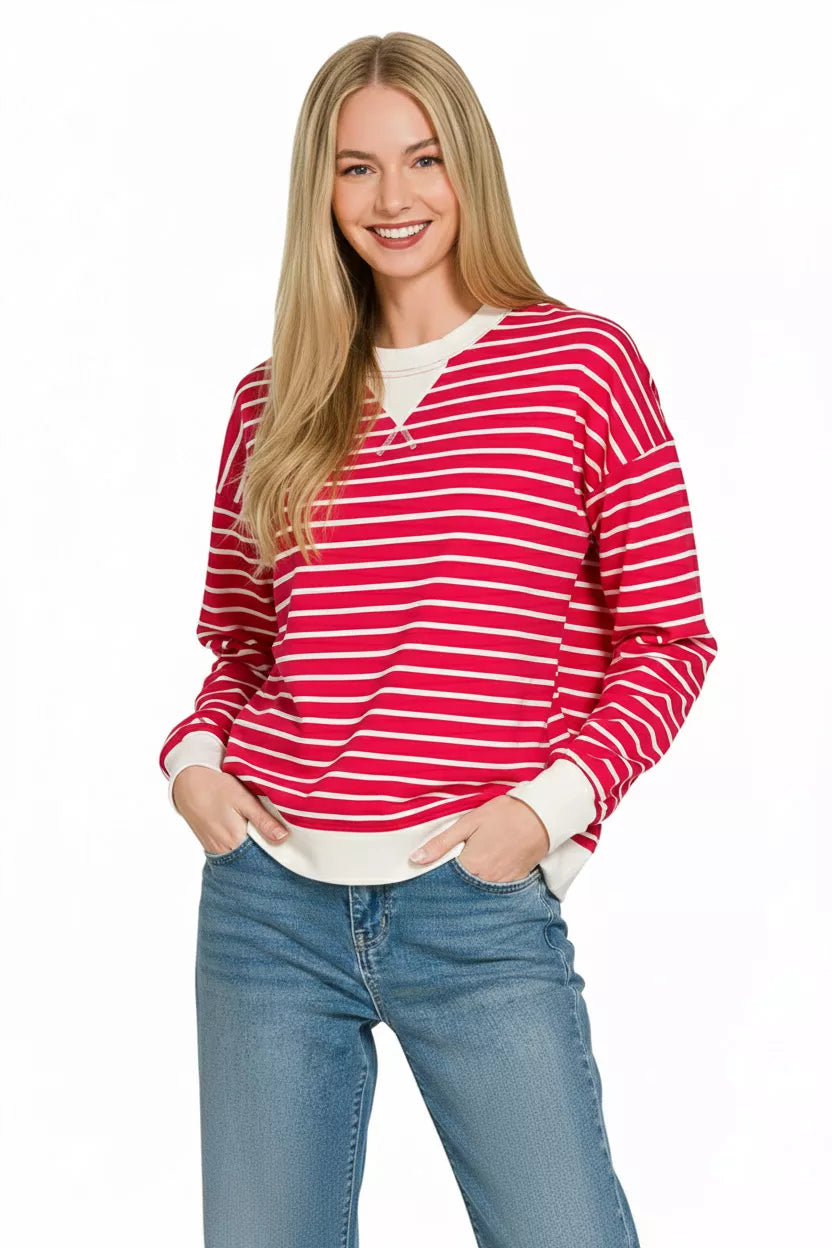Contrast Striped Round Neck Sweatshirt