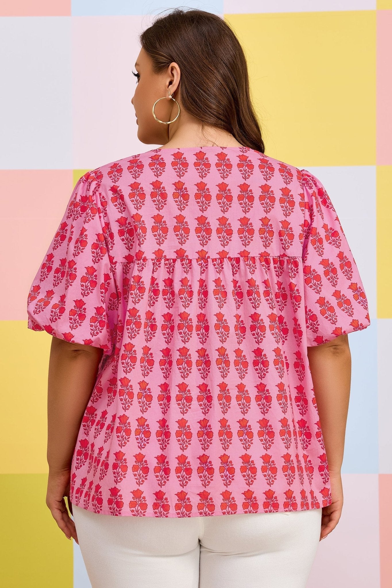 Pink Plus Size Floral Print Tassel Tie Puff Sleeve Cotton Blouse - Loving It Shop
