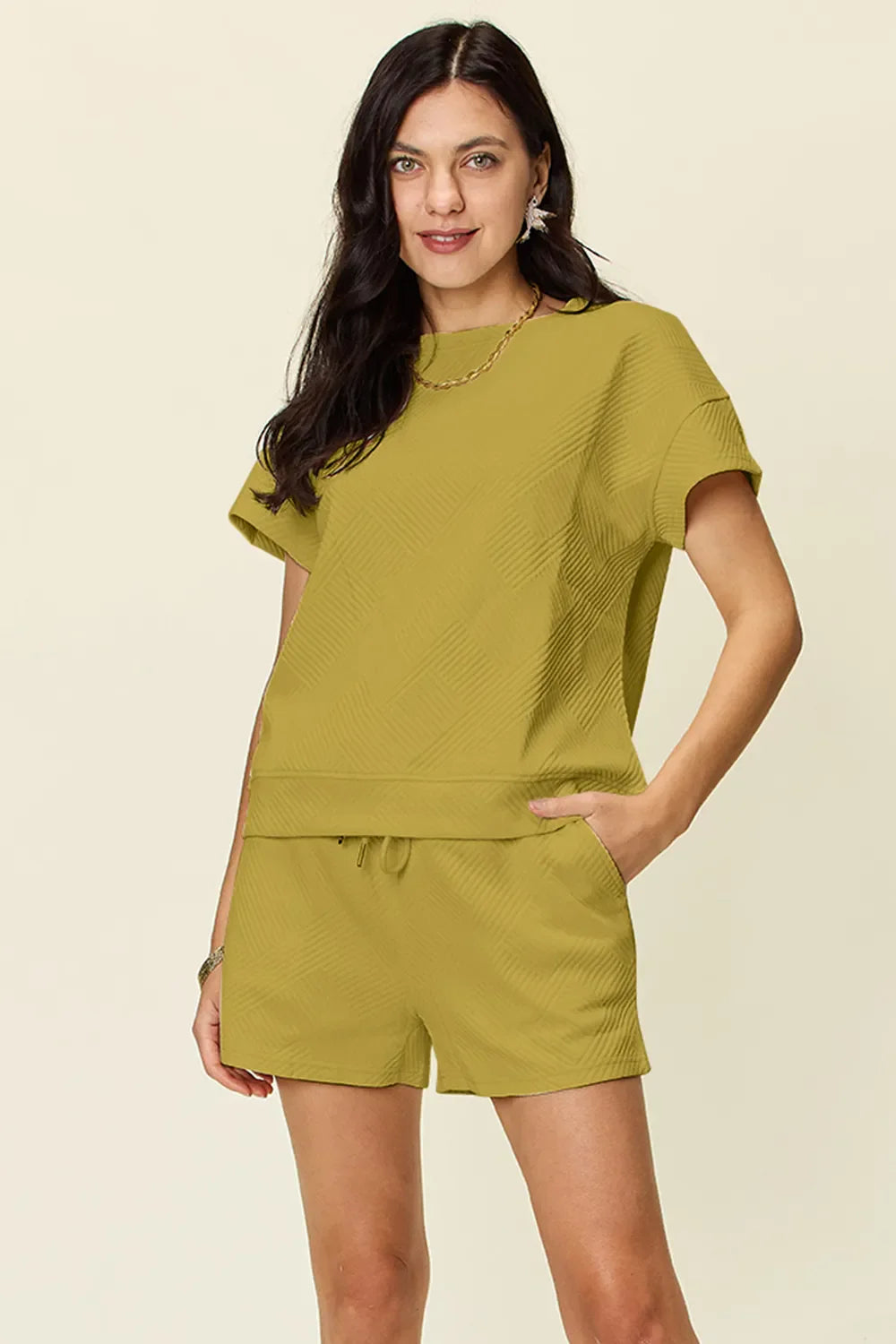 I am a Fashion Junky Full Size Texture Short Sleeve T-Shirt and Drawstring Shorts Set