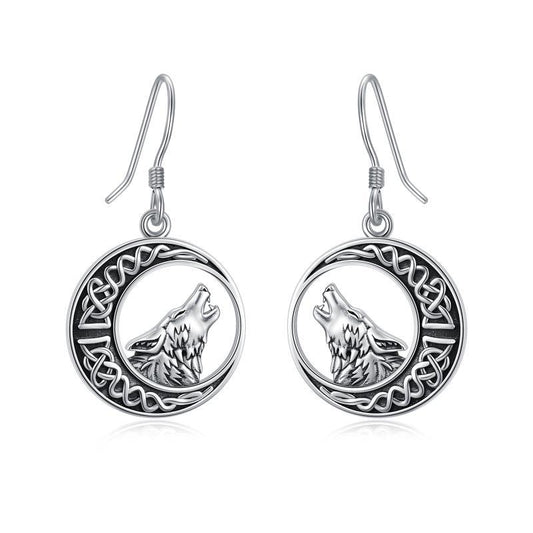 Wolf Celtic Moon Dangle Drop Earrings in Sterling Silver