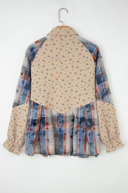 Boho Floral Plaid Patchwork Distressed Detail Ruffled Sleeve Waffle Knit Shacket