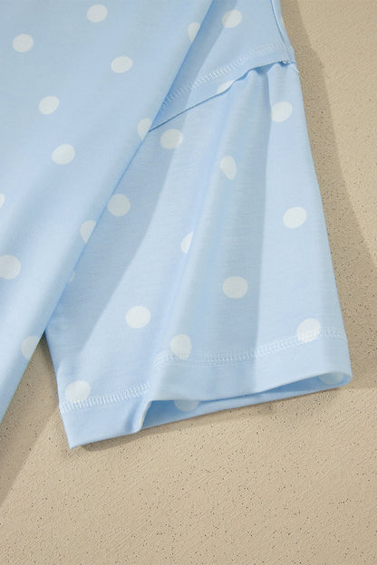 Sky Blue Exposed Seam Detail Polka Dot Loose Tee Drawstring Shorts Set