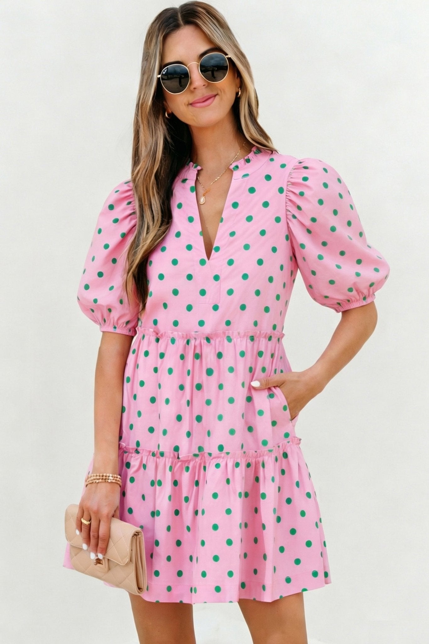 Pink Polka Dot Print V Neck Short Sleeve Tiered Mini Dress - Loving It Shop