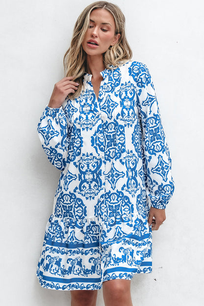Sky Blue Tribal Print Button Up Notch Neck Loose Mini Dress