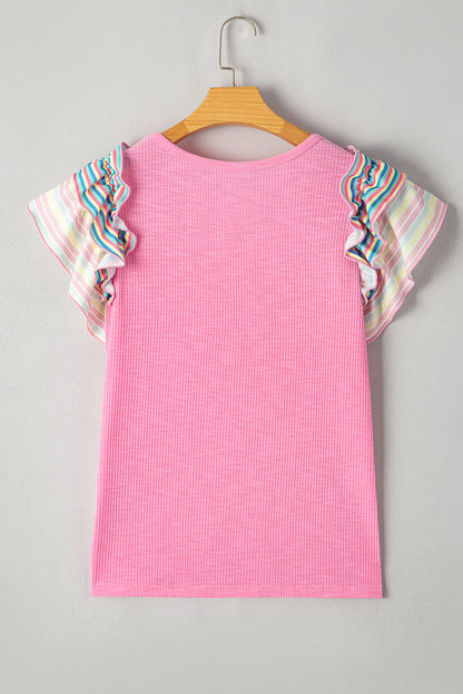 Bonbon Striped Ruffle Flutter Sleeve Ribbed Blouse