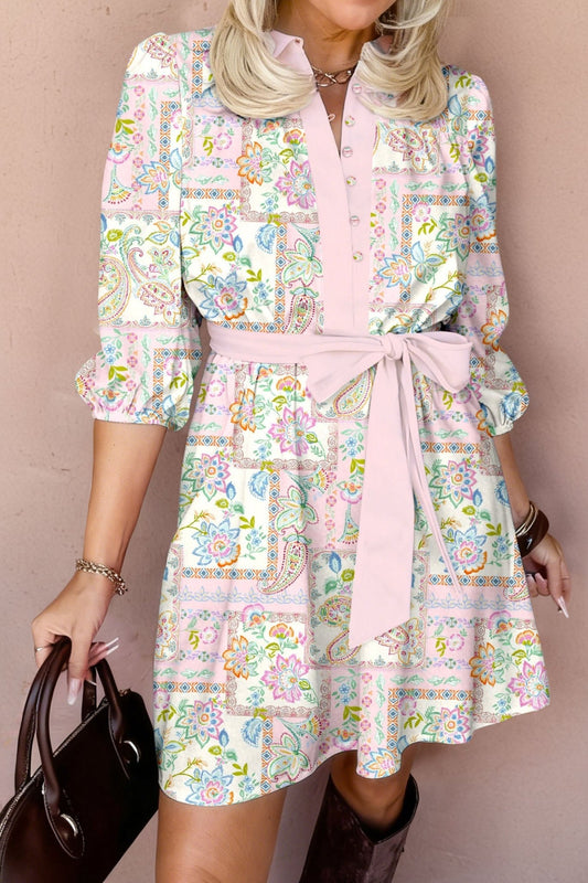 Pink Boho Floral Print Color Block Trim Half Button Belted Mini Dress - Loving It Shop