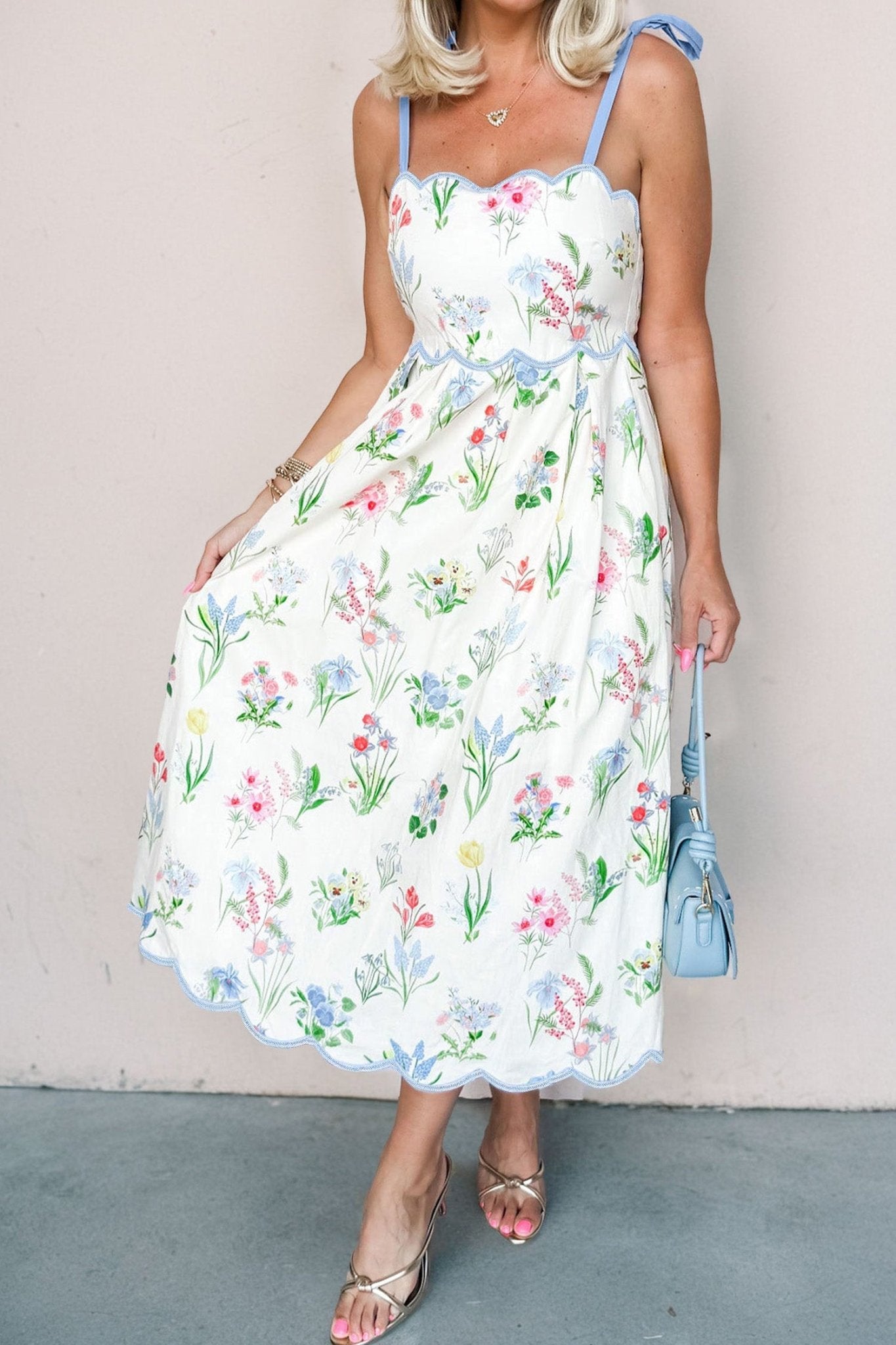 Beige Floral Print Contrast Trim Self - tie Straps High Waist Midi Dress - Loving It Shop