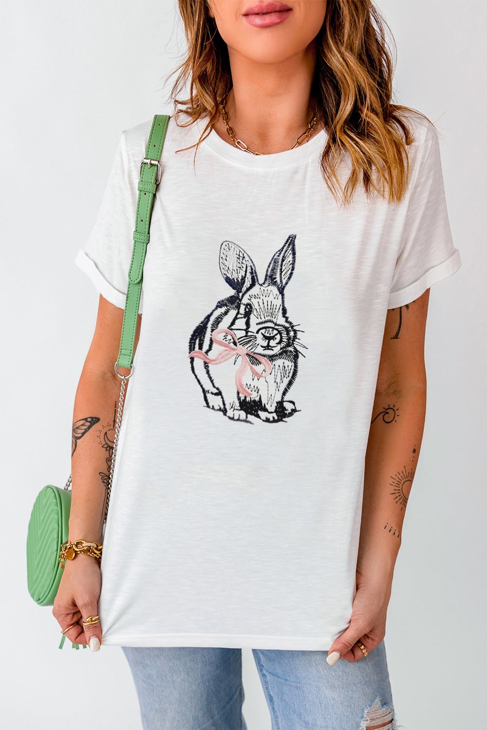White Bunny Embroidered Bow Graphic Tee - Loving It Shop