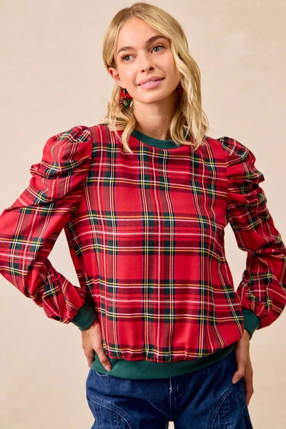 Christmas Plaid Exaggerated Shoulder Sleeves Top