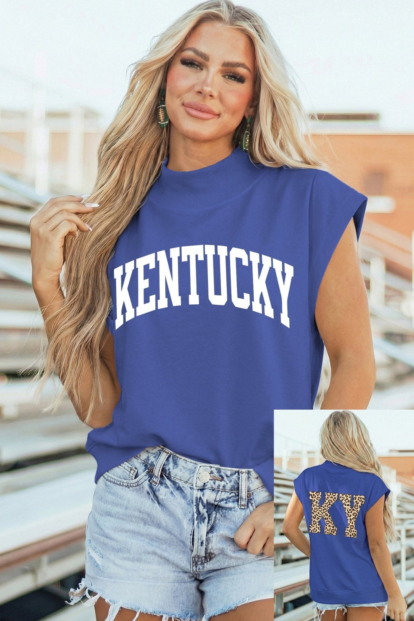 Sky Blue KENTUCKY Leopard KY Double Side Printed Mock Neck Tee - Loving It Shop