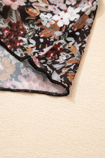 Brown Floral Print High Neck Short Sleeve Mesh Top