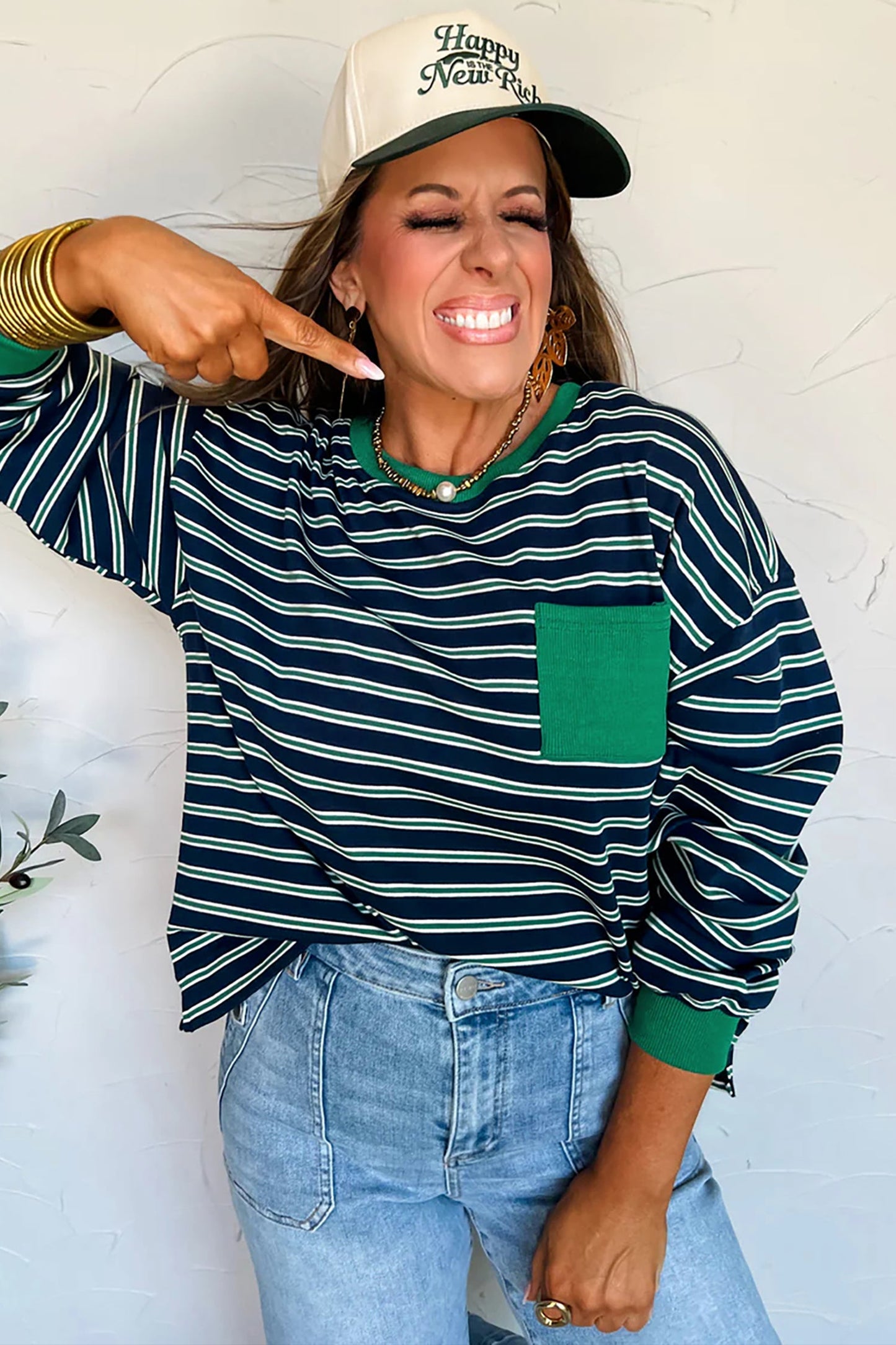 Green Stripe Ribbed Color Block Patchwork Crew Neck Patch Pocket Long Sleeve Top