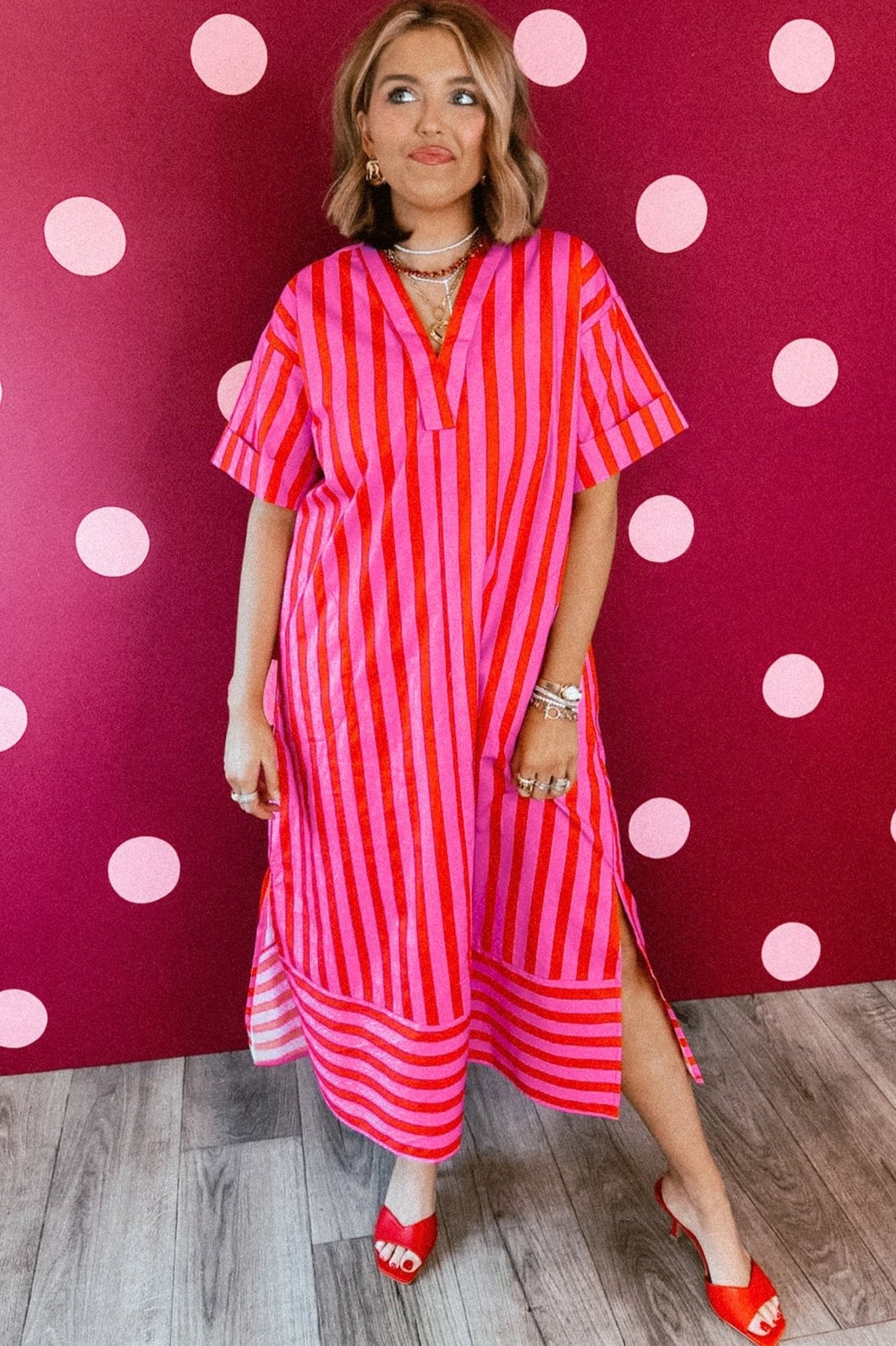 Red Stripe V Neck Cuffed Sleeve Relaxed Split Midi Dress - Loving It Shop
