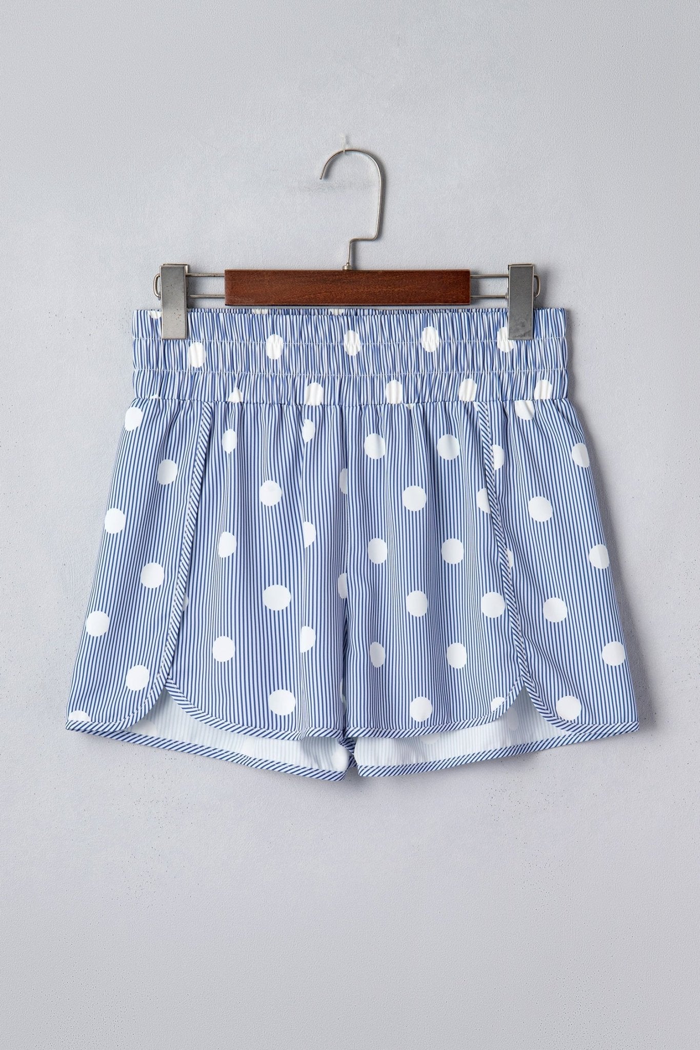 Sky Blue Polka Dot Print Shirred High Waist Casual Shorts - Loving It Shop