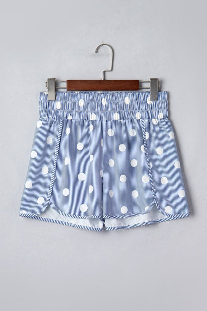 Sky Blue Polka Dot Print Shirred High Waist Casual Shorts - Loving It Shop