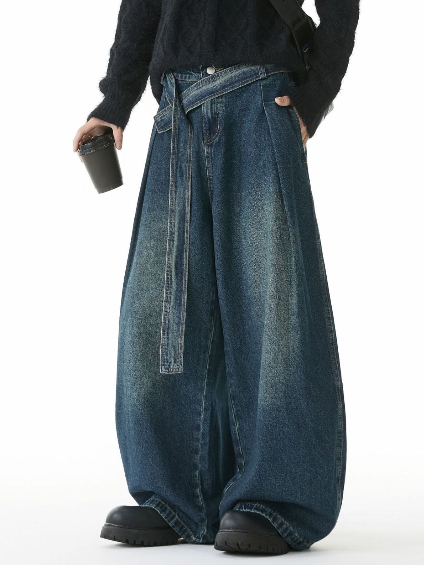 Men's Full Size Wash Belted Wide Leg Jeans Plus Size