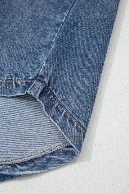 Button Flap Pocket Cuffed Short Sleeve Denim Shirt