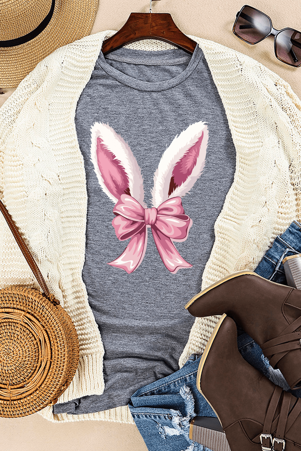 Gray Bunny Ear Bow Printed Easter Fashion T Shirt - Loving It Shop
