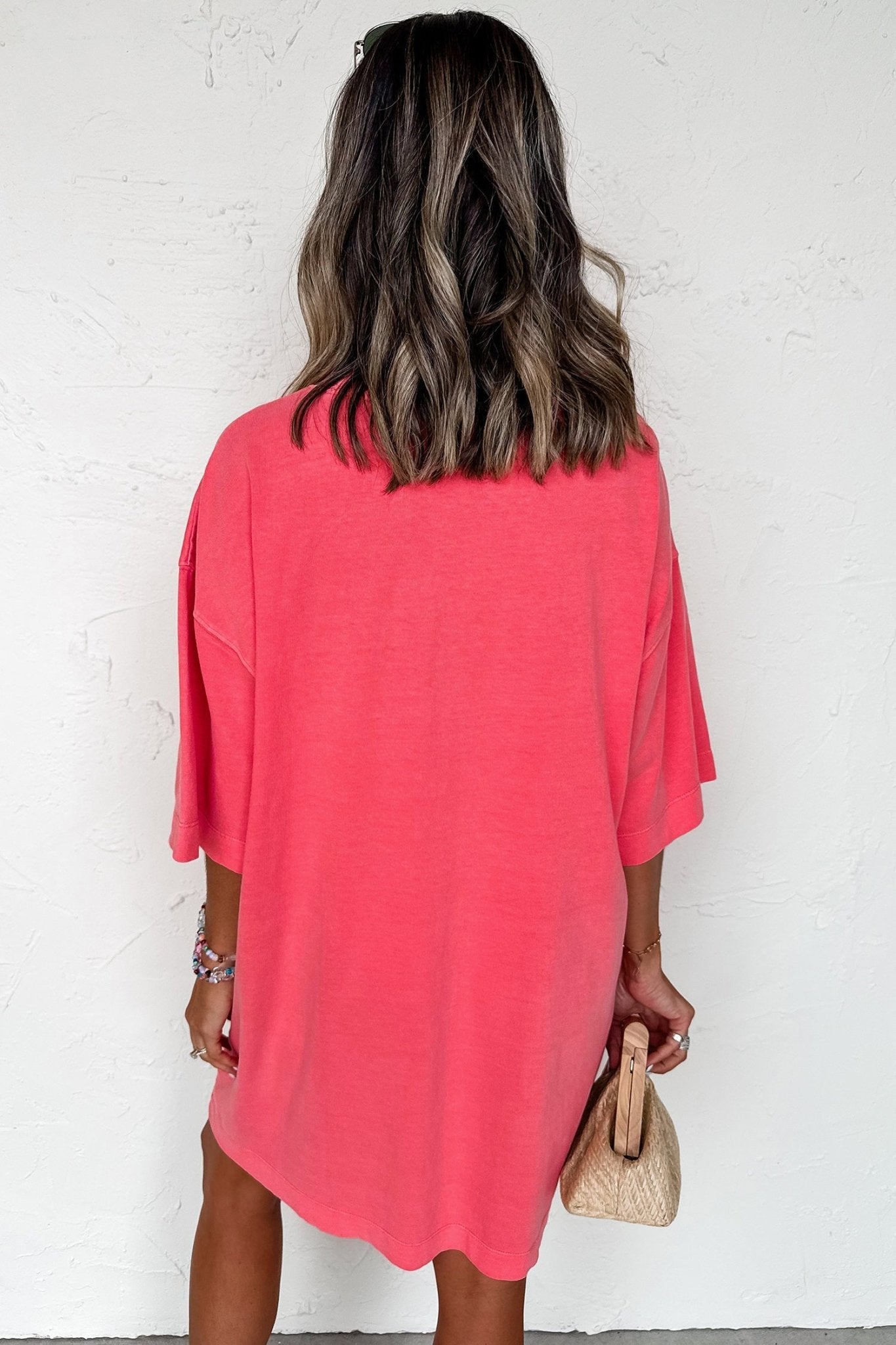Coral Paradise Drop Shoulder Loose Casual T Shirt Mini Dress - Loving It Shop