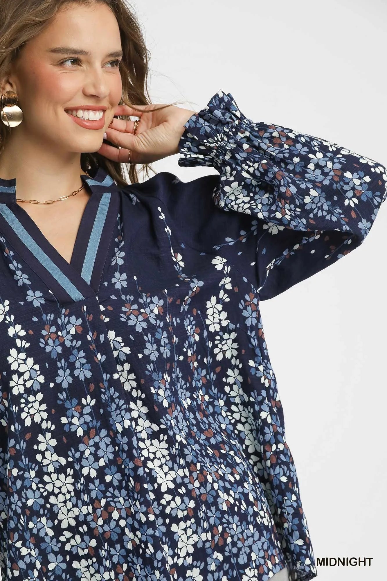 Full Size Floral Vine Print Blouse with Balloon Sleeves Plus Size