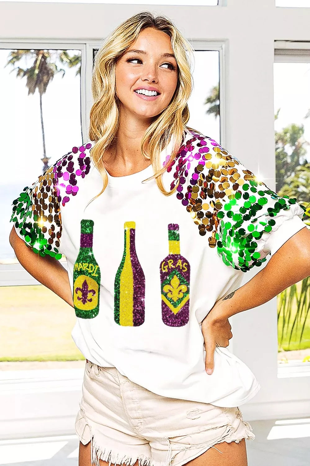 Sequin Mardi Gras Bottles Spangled Sleeve Top