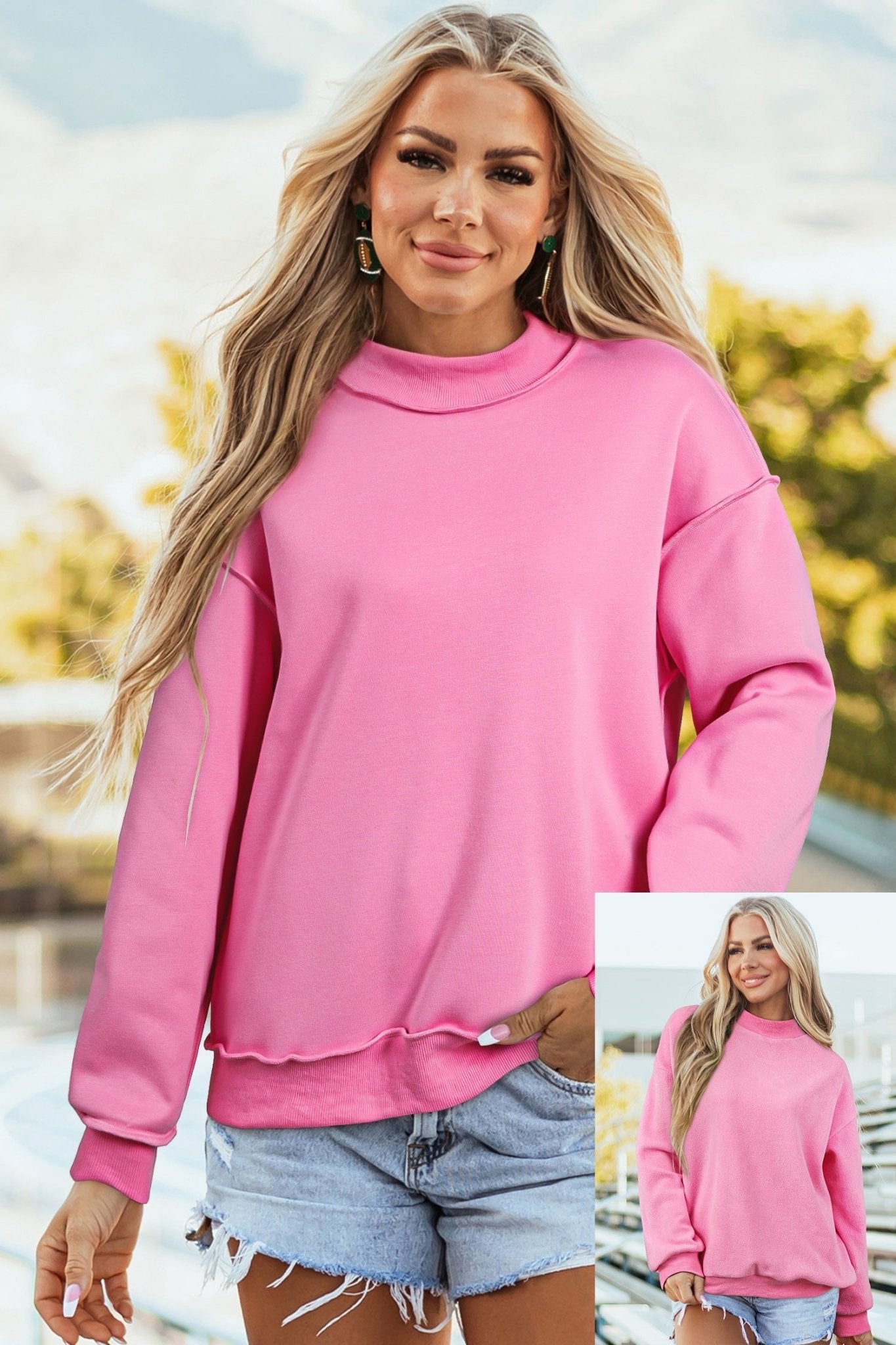 Bright Pink Oversize Drop Shoulder Reversible Mock Neck Sweatshirt - Loving It Shop