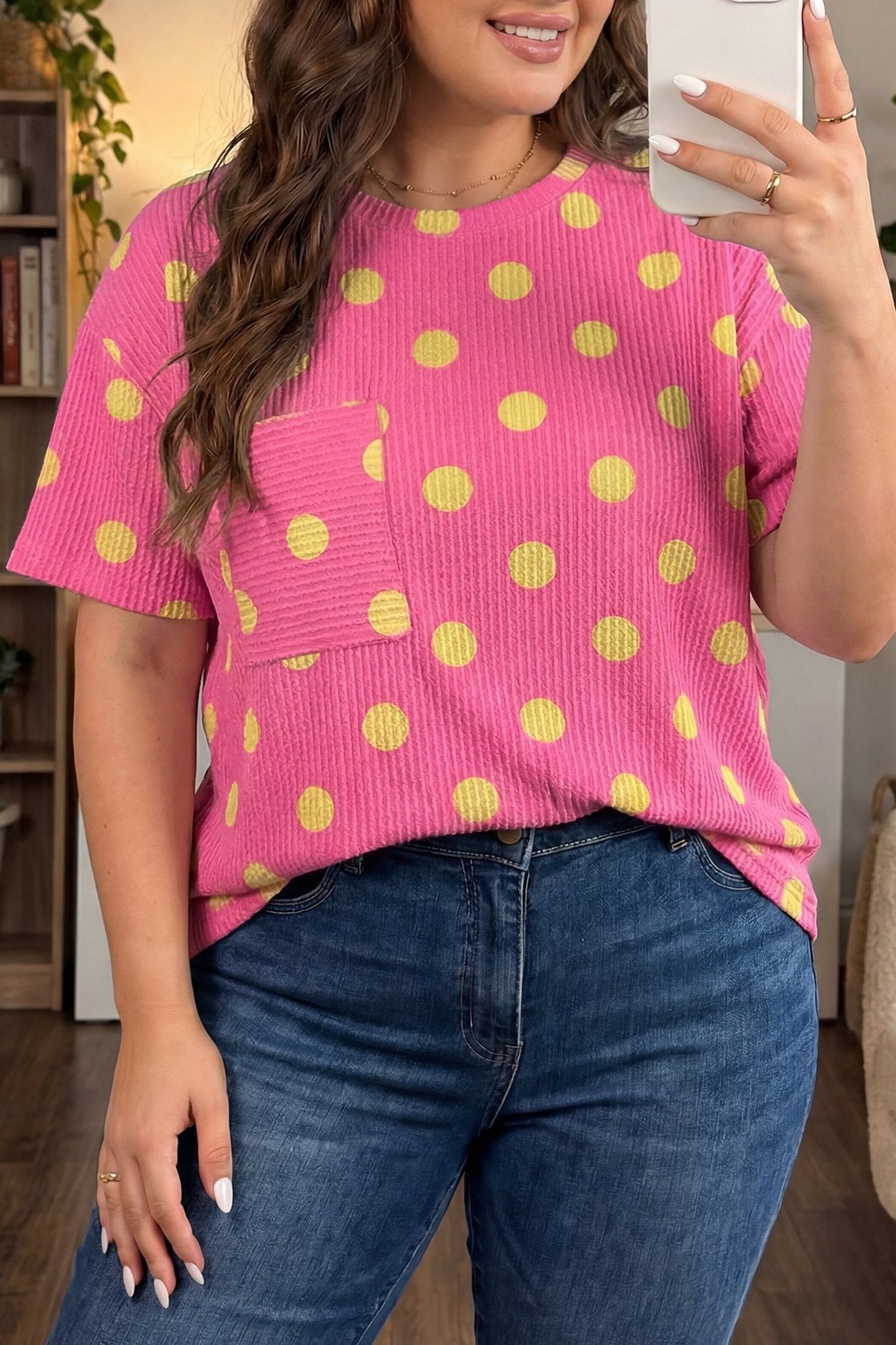 Pink Twisted Rib Polka Dot Print Plus Size T Shirt - Loving It Shop