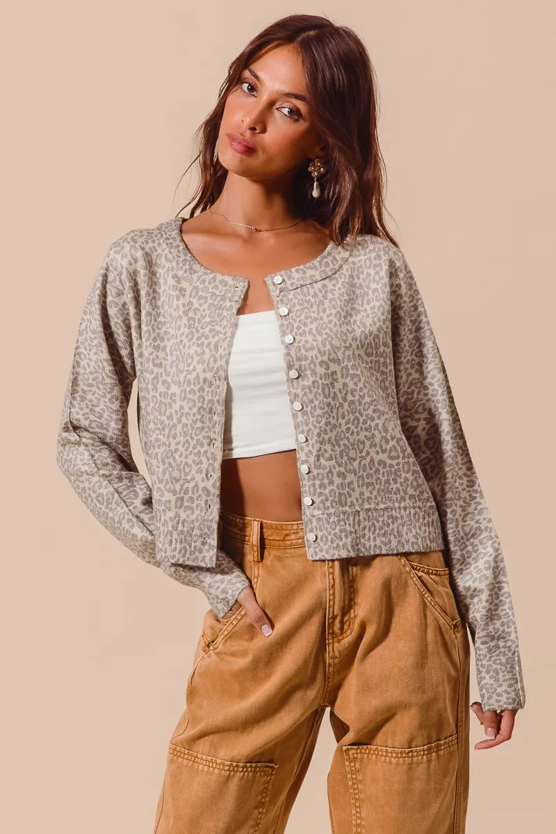 Two Tone Leopard Vintage Print Button Up Cardigan