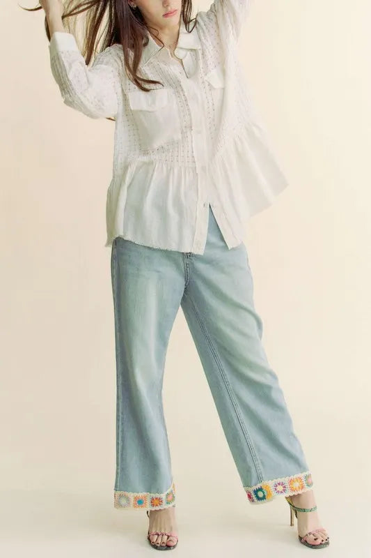 Davi &amp; Dani Garment Washed Jacquard Button Front Shirt