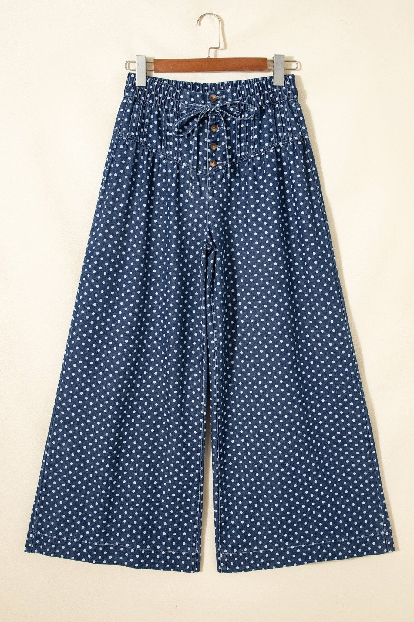 Sky Blue Polka Dot Print Button Pleated Detail Wide Leg Jeans - Loving It Shop